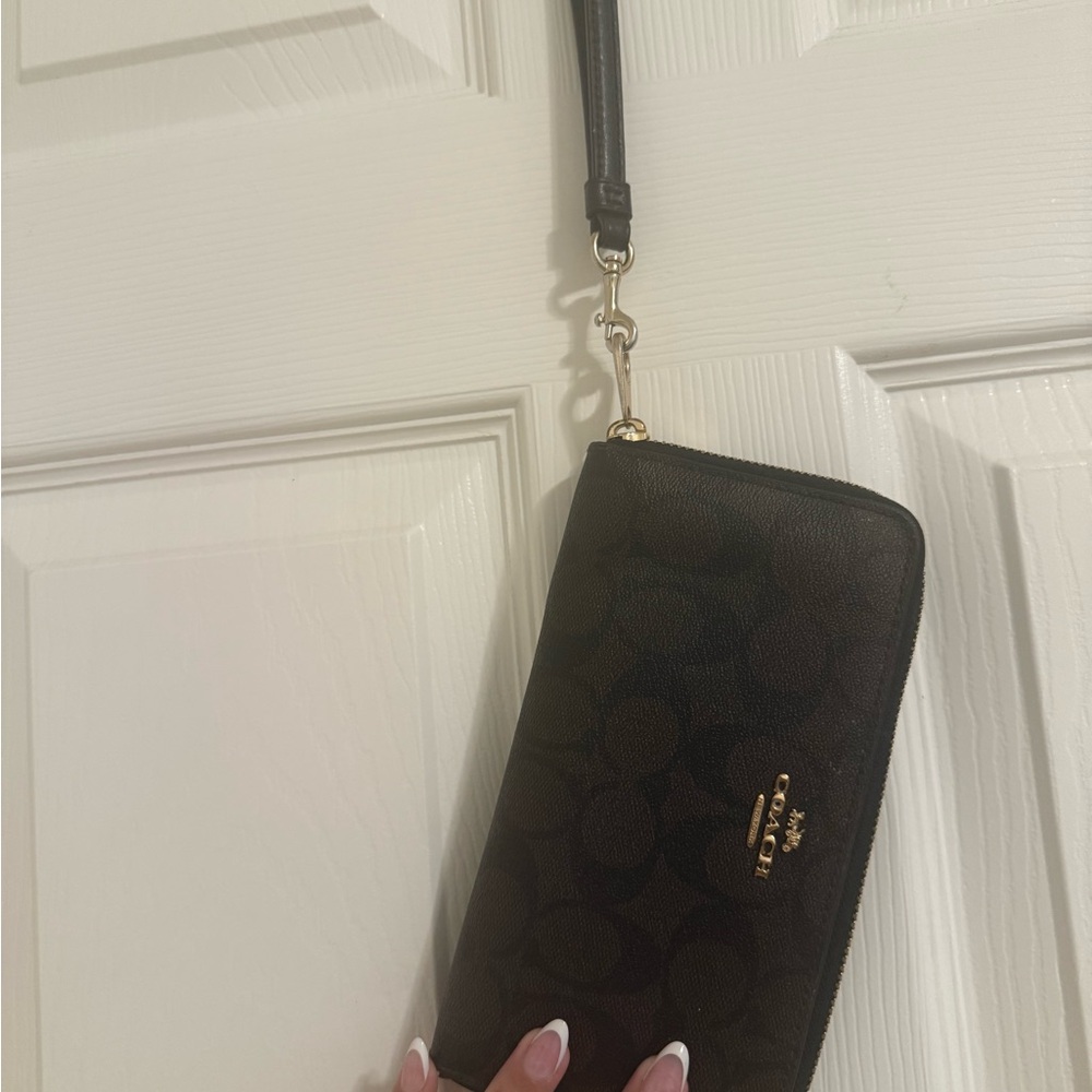 Coach Dark Brown Wristlet with Black Strap